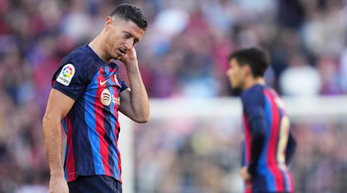 FC Barcelona’s Robert Lewandowski reacts during a game vs. Espanyol.